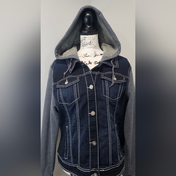 No Boundaries Combo Denim Sherpa Button Up Hooded Blue Gray Jean Jacket Jr's XXL - Picture 9 of 13